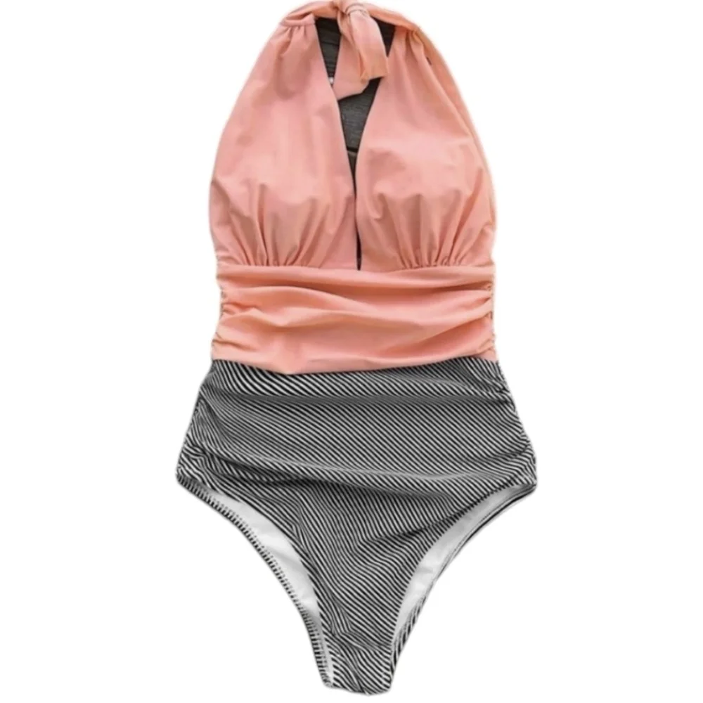 Cupshe Peach Stripe Halter One Piece Swimsuit LNC